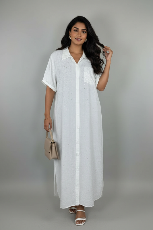 White Sequins Shirt Dress