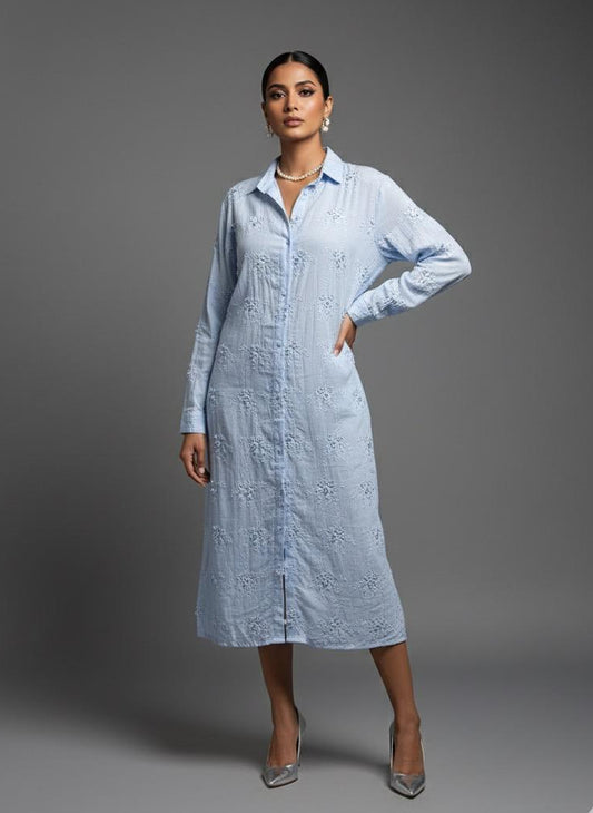 Baby Blue Embroidery Shirt Dress