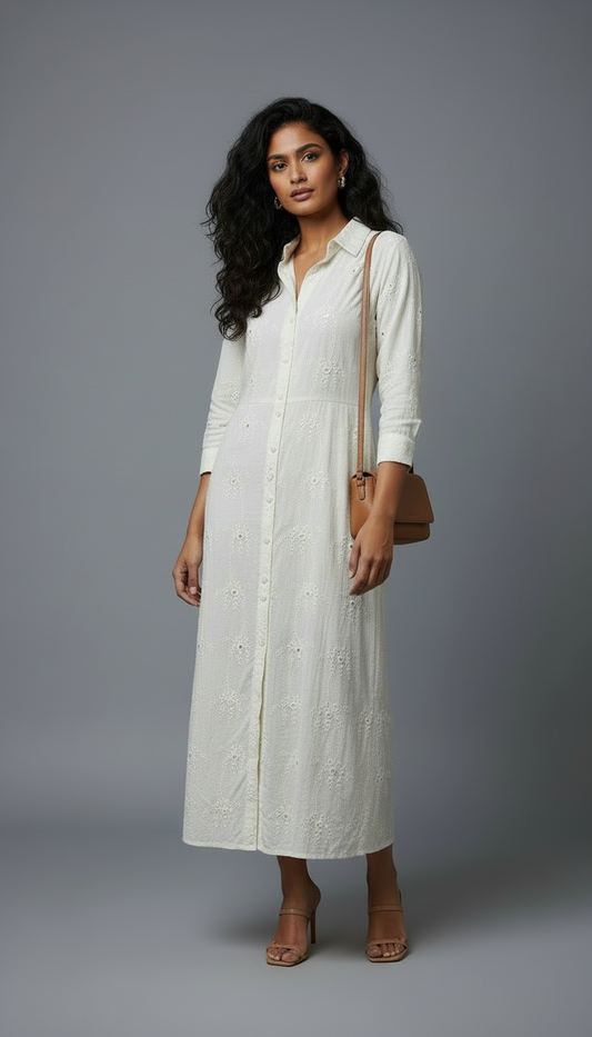Creme Embroidery Shirt Dress