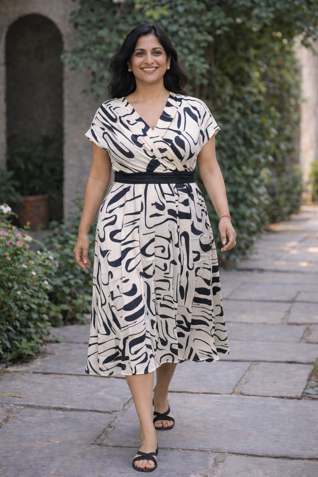 Creme-Black Abstract Dress