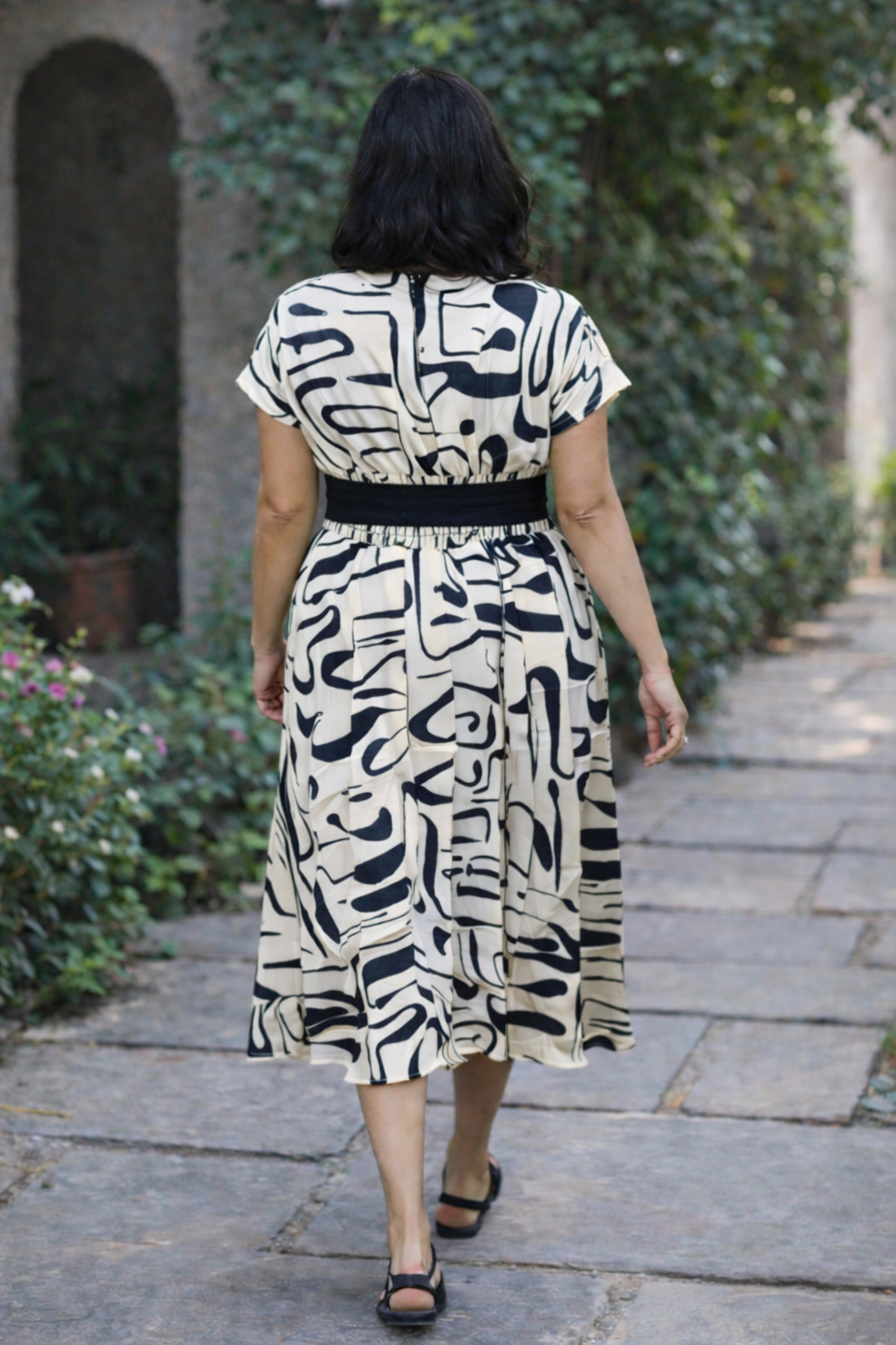 Creme-Black Abstract Dress