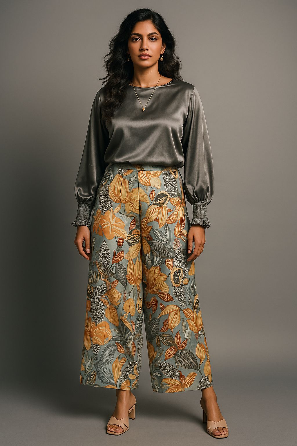 Grey Satin Printed Cordset