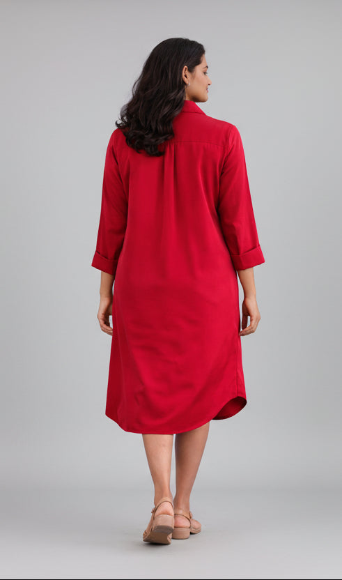 Red Solid Shirt Dress