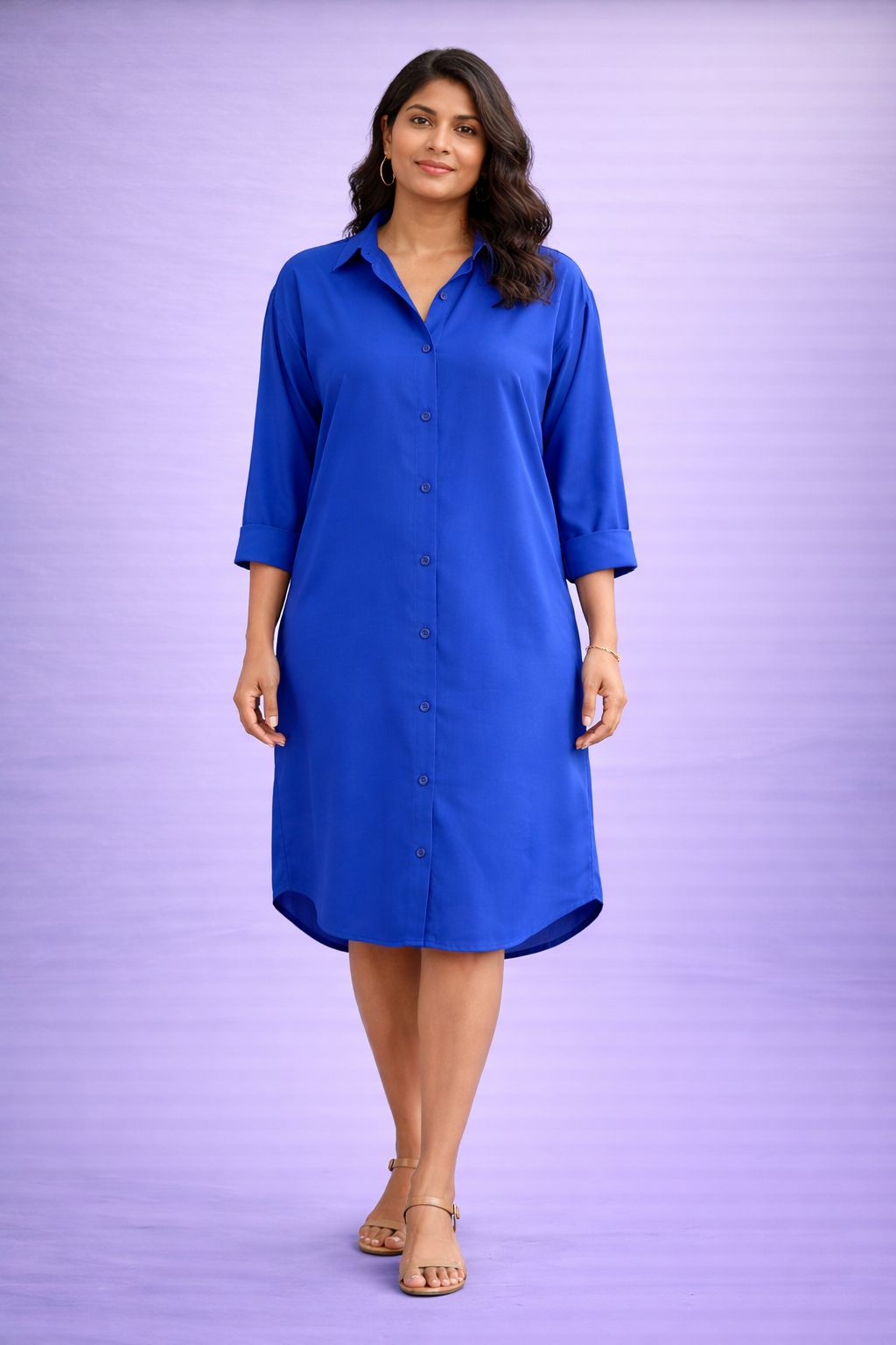 Blue Solid Shirt Dress