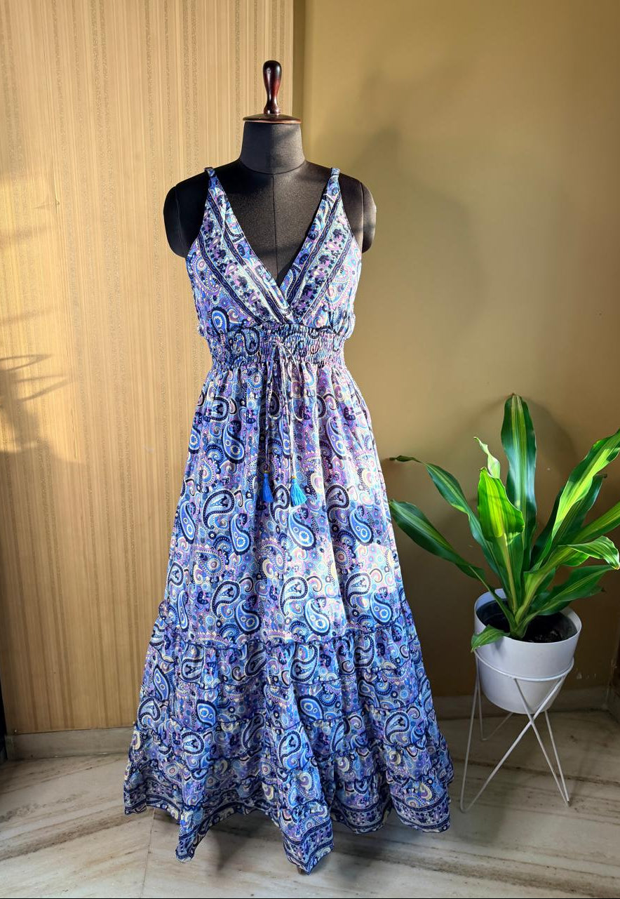 Paisley Blue Tiered Silk Dress