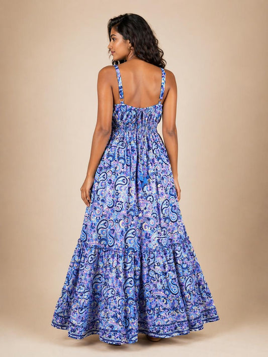 Paisley Blue Tiered Silk Dress