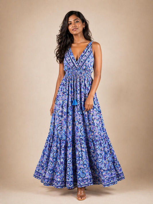 Paisley Blue Tiered Silk Dress