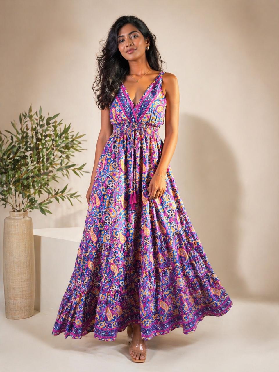 Paisley Pink Tiered Silk Dress