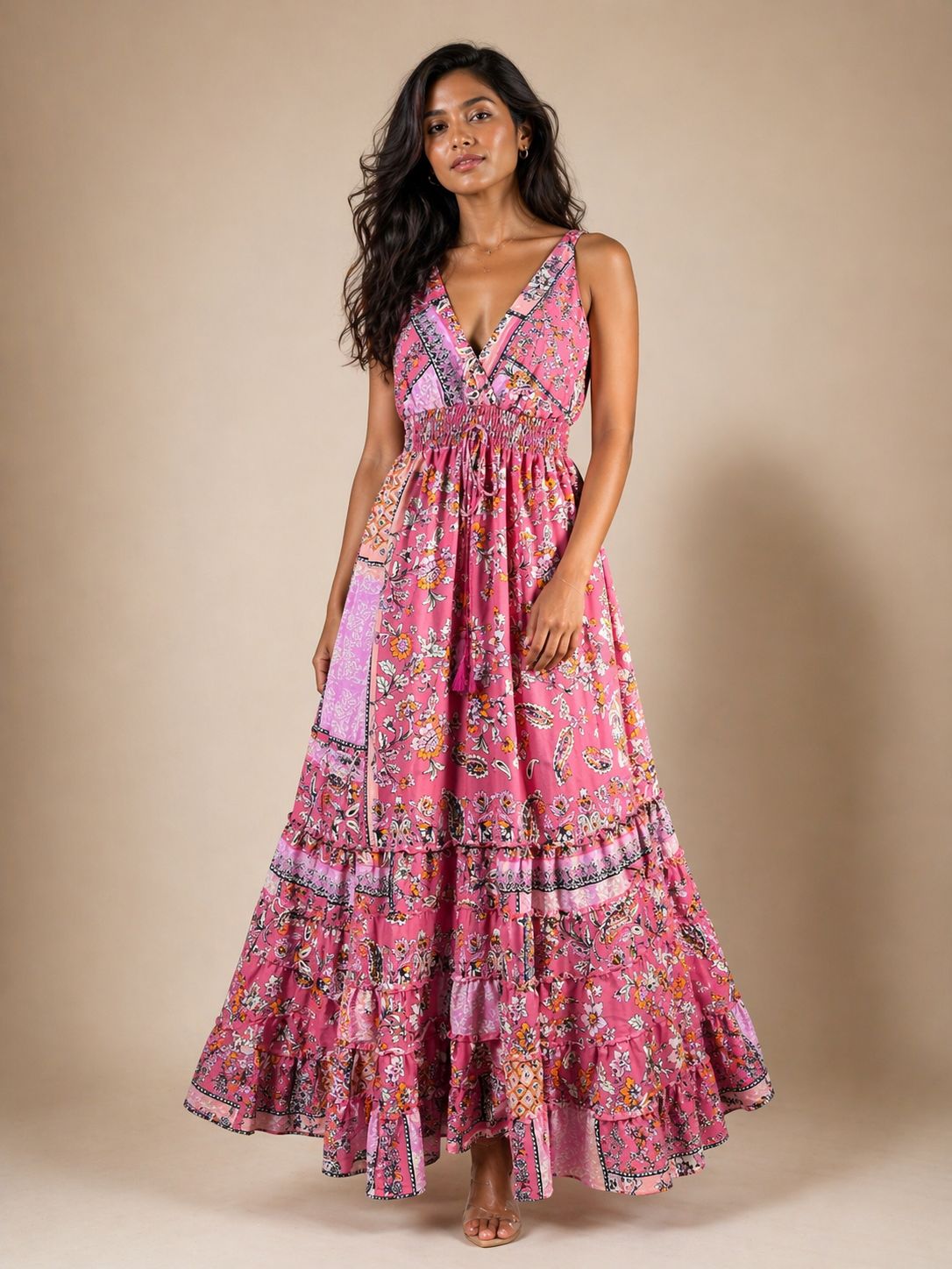 Floral Mauve Tiered Silk Dress