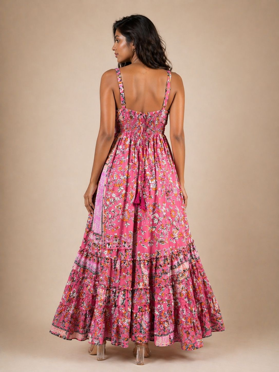 Floral Mauve Tiered Silk Dress