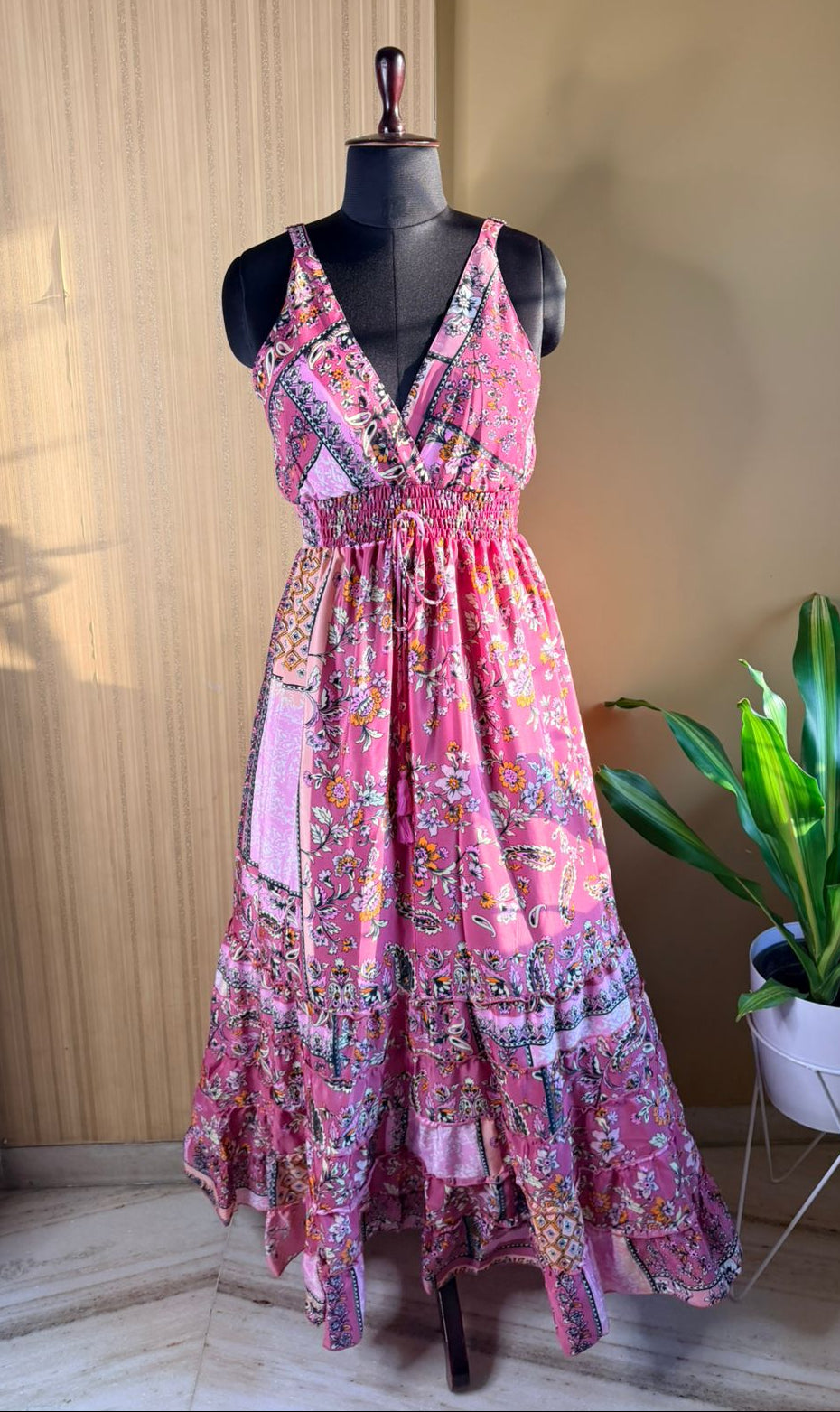 Floral Mauve Tiered Silk Dress