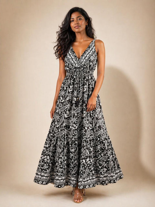 Paisley  Black Tiered Silk Dress