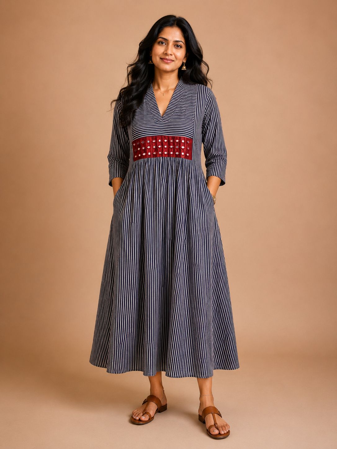 Black Striped Dress with Mirror Work