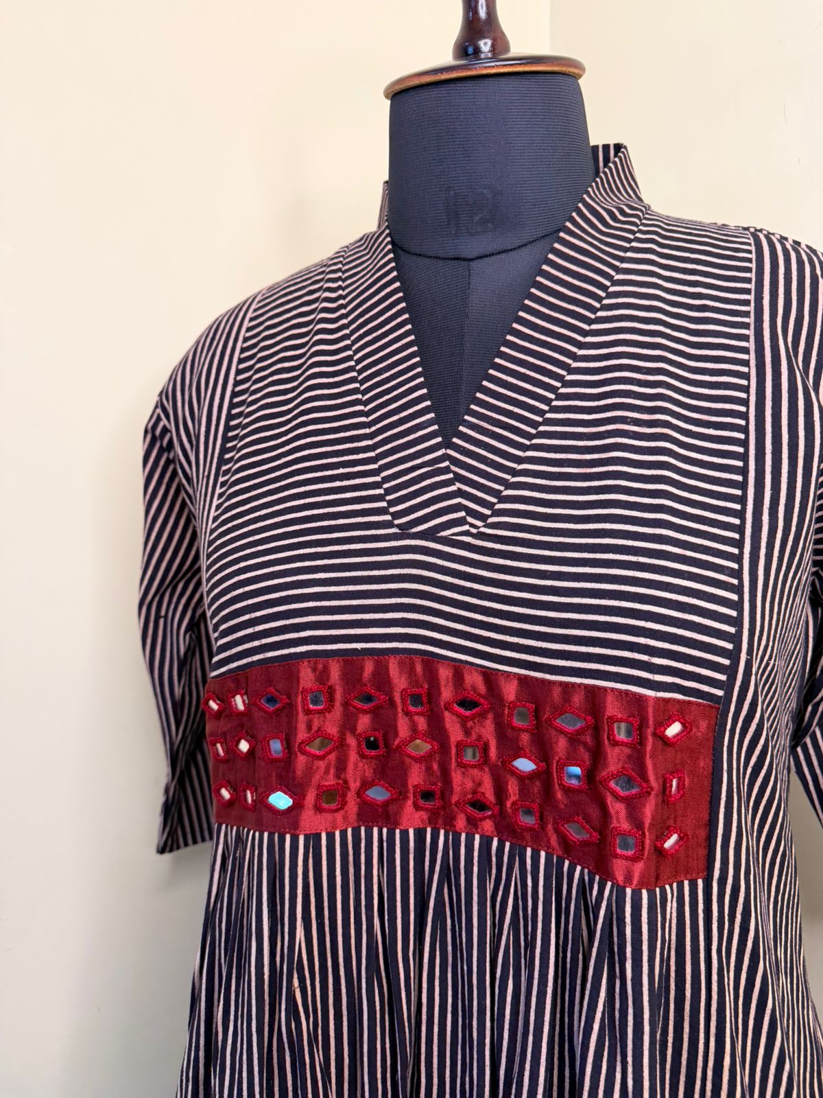 Black Striped Dress with Mirror Work