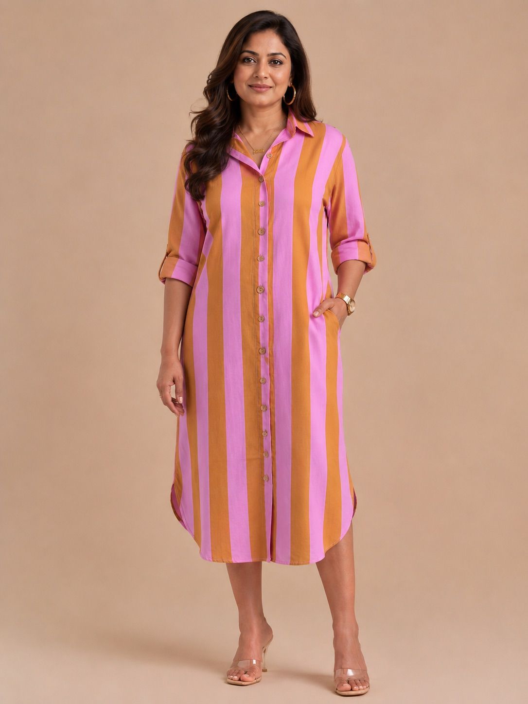Pink-Brown Striped Shirt Dress