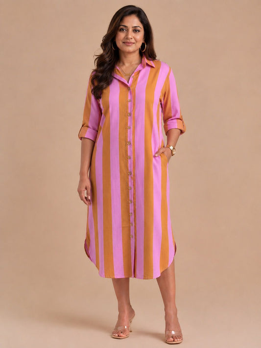 Pink-Brown Striped Shirt Dress