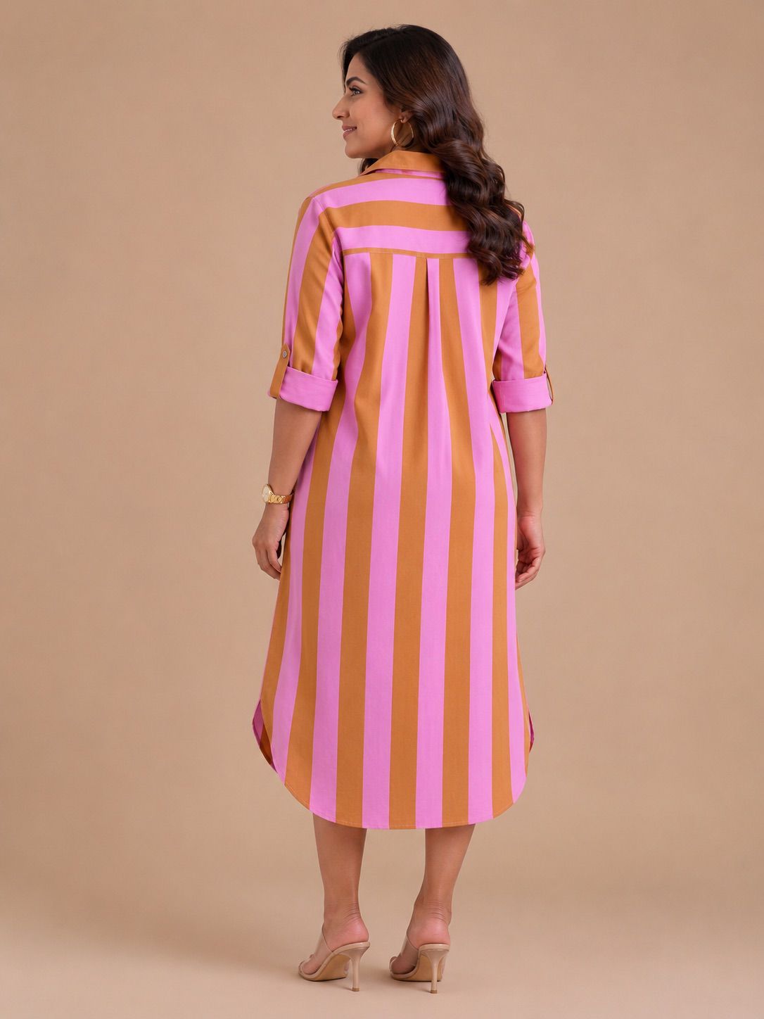 Pink-Brown Striped Shirt Dress