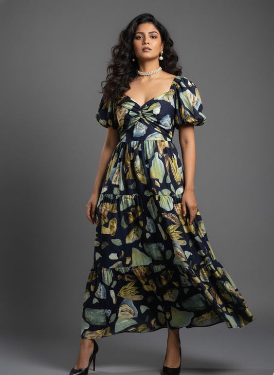 Blue Printed Tiered Dress