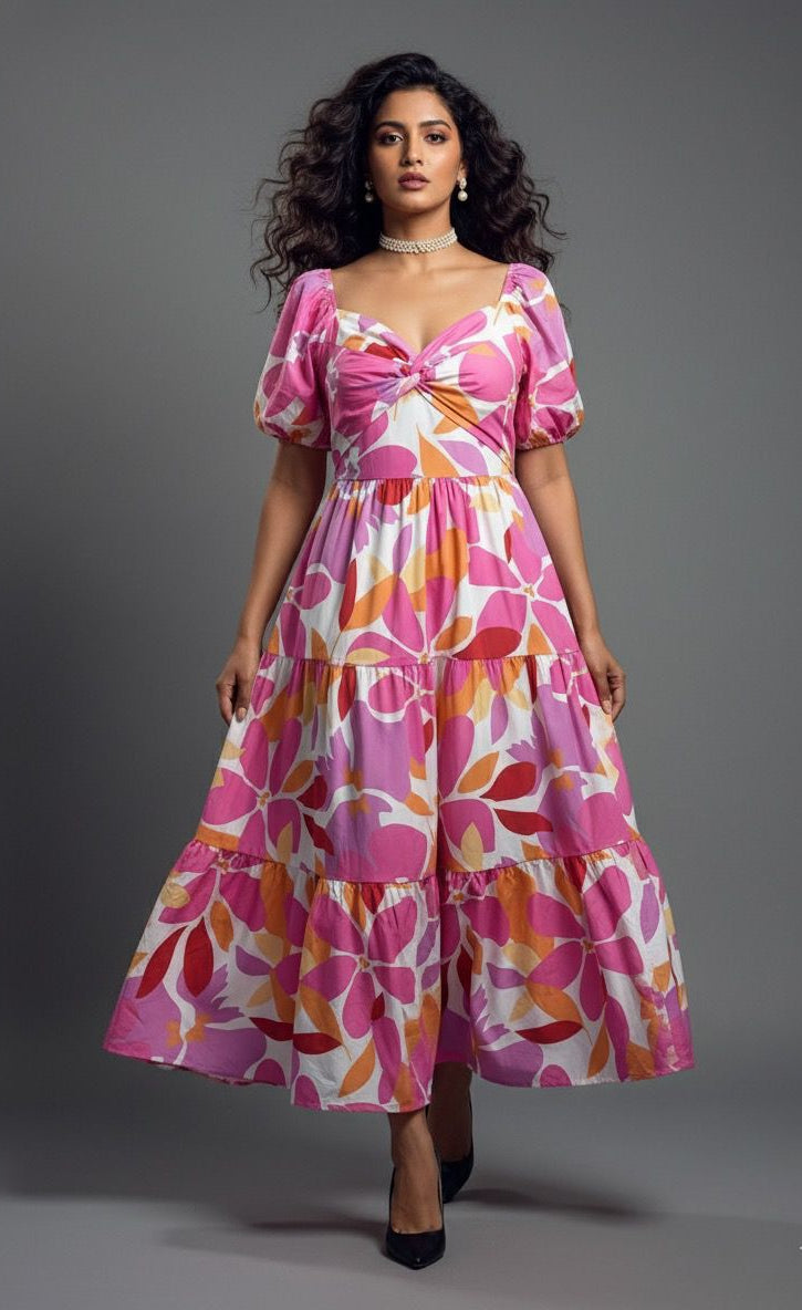 Pink Printed Tiered Dress