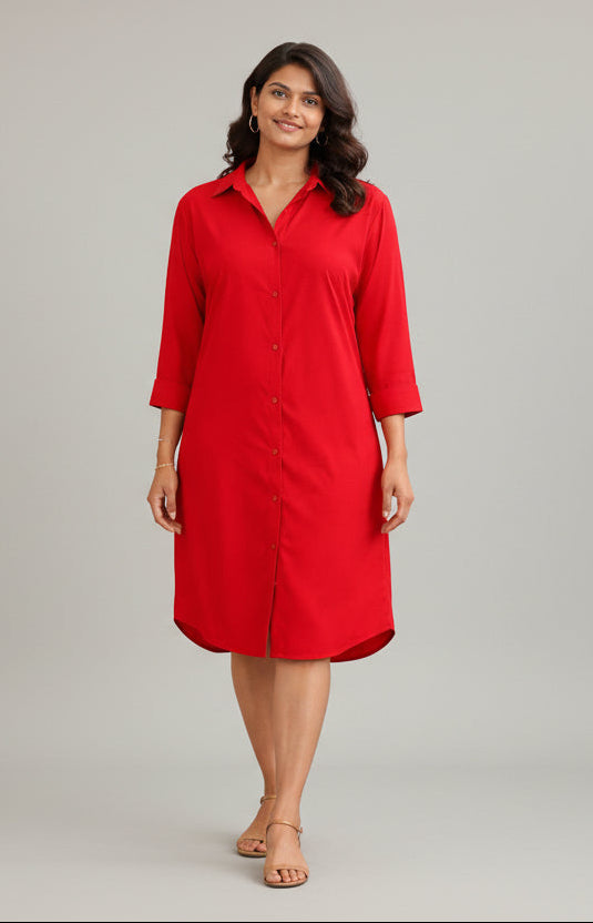 Red Solid Shirt Dress