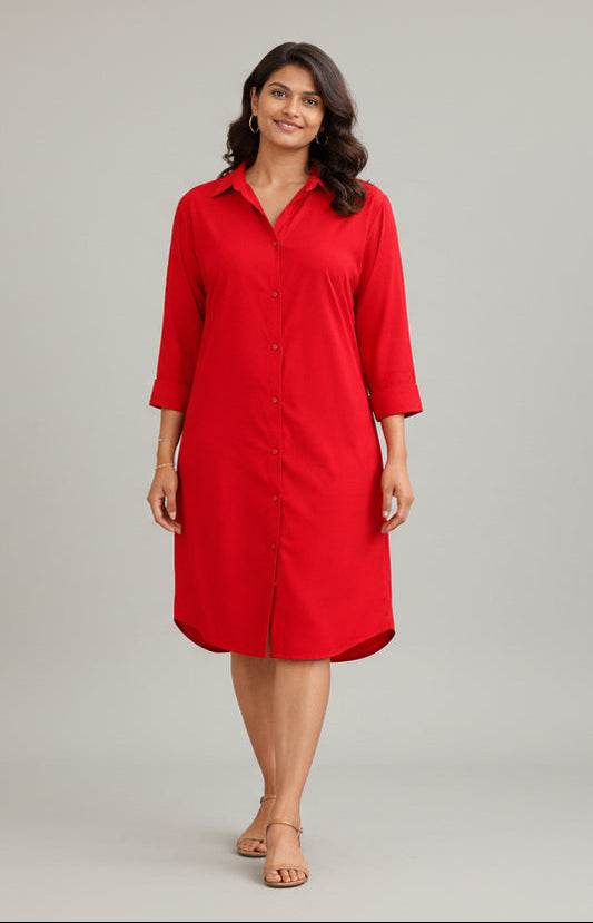 Red Solid Shirt Dress