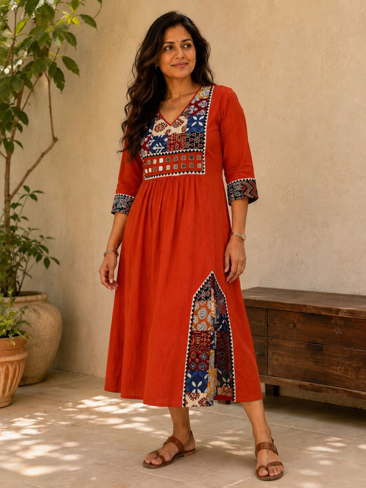 Rust Orange Patchwork Cotton Dress