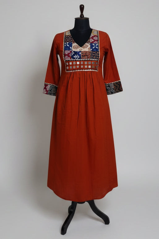 Rust Orange Patchwork Cotton Dress