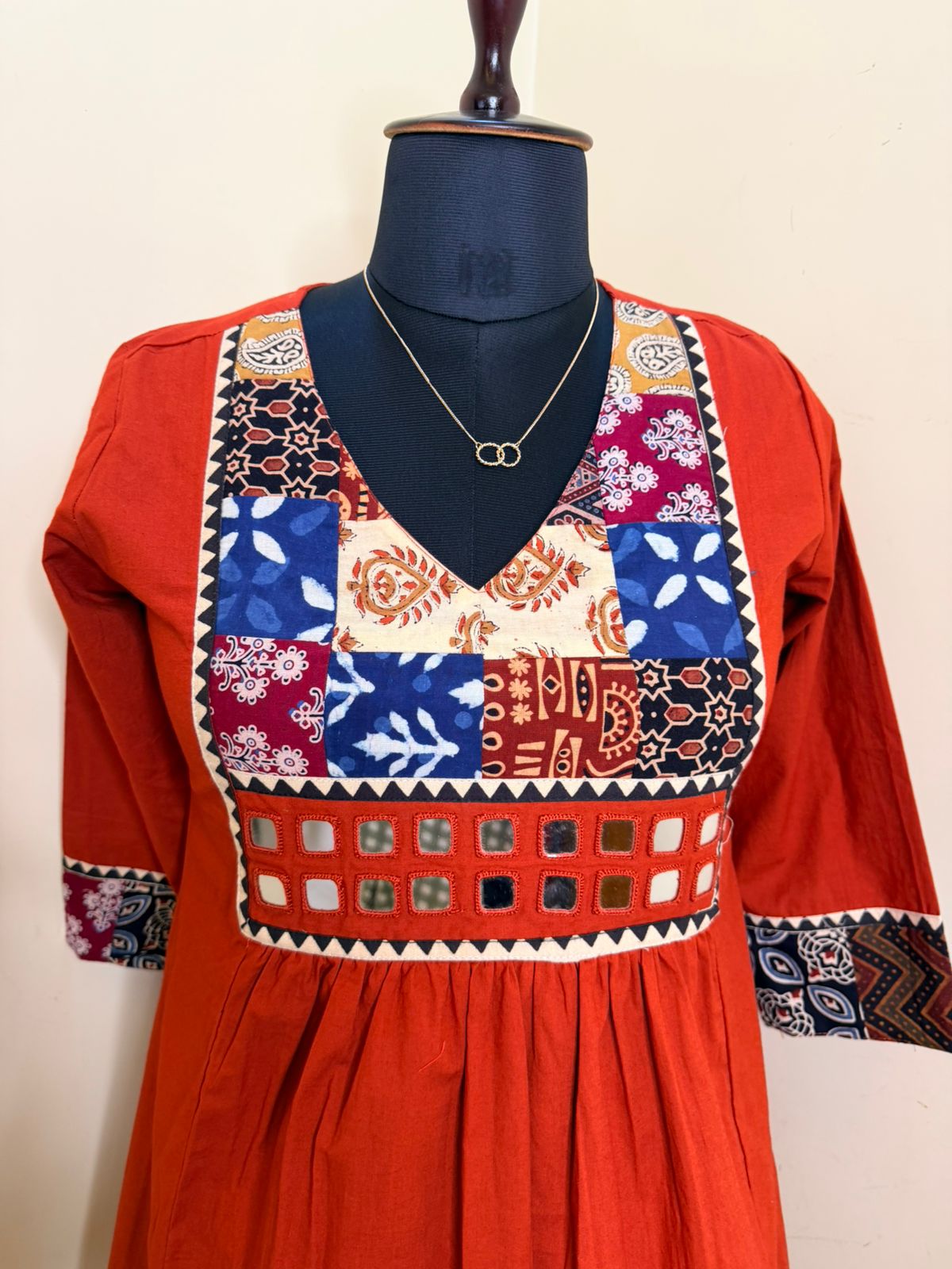 Rust Orange Patchwork Cotton Dress