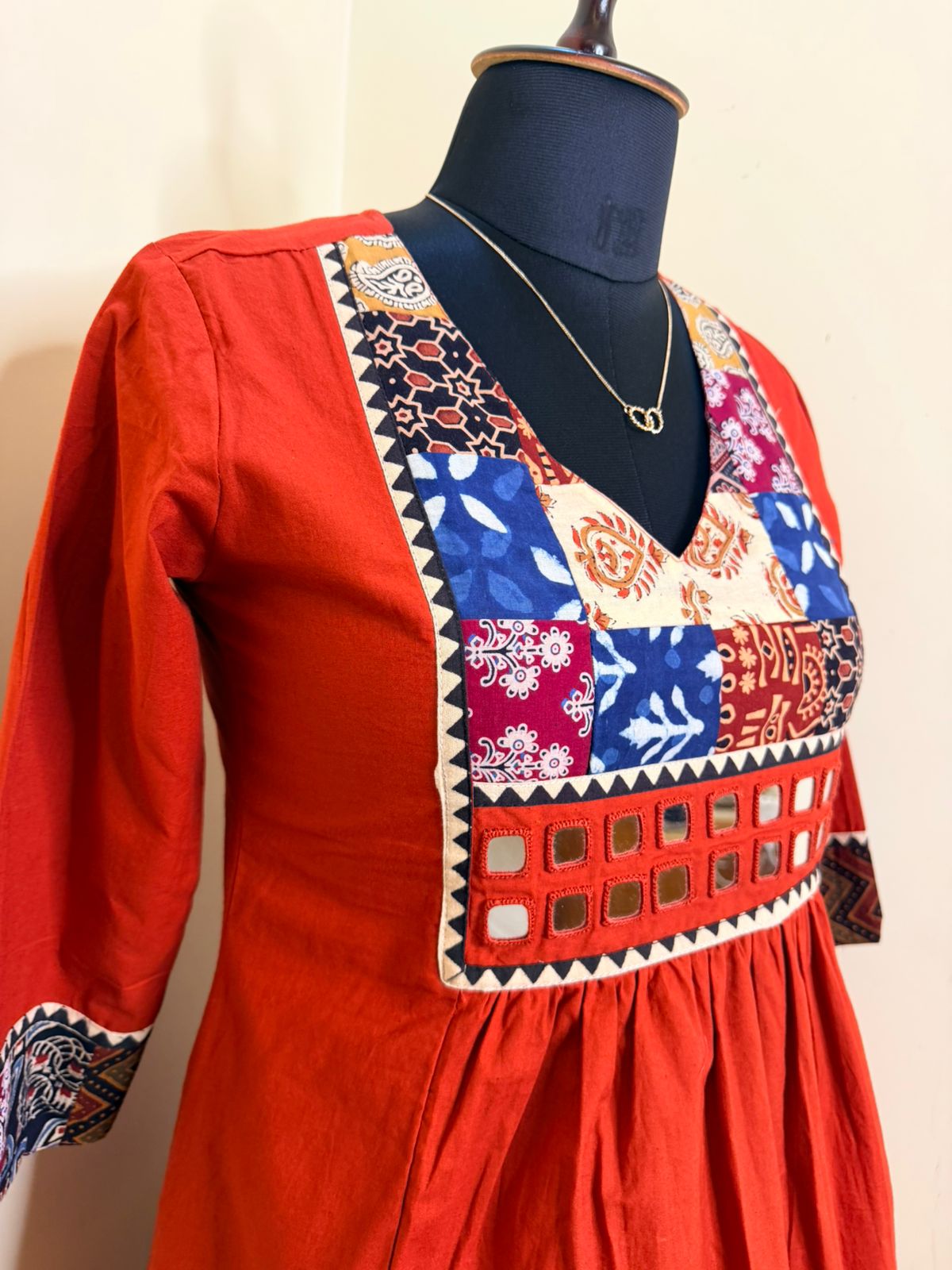 Rust Orange Patchwork Cotton Dress
