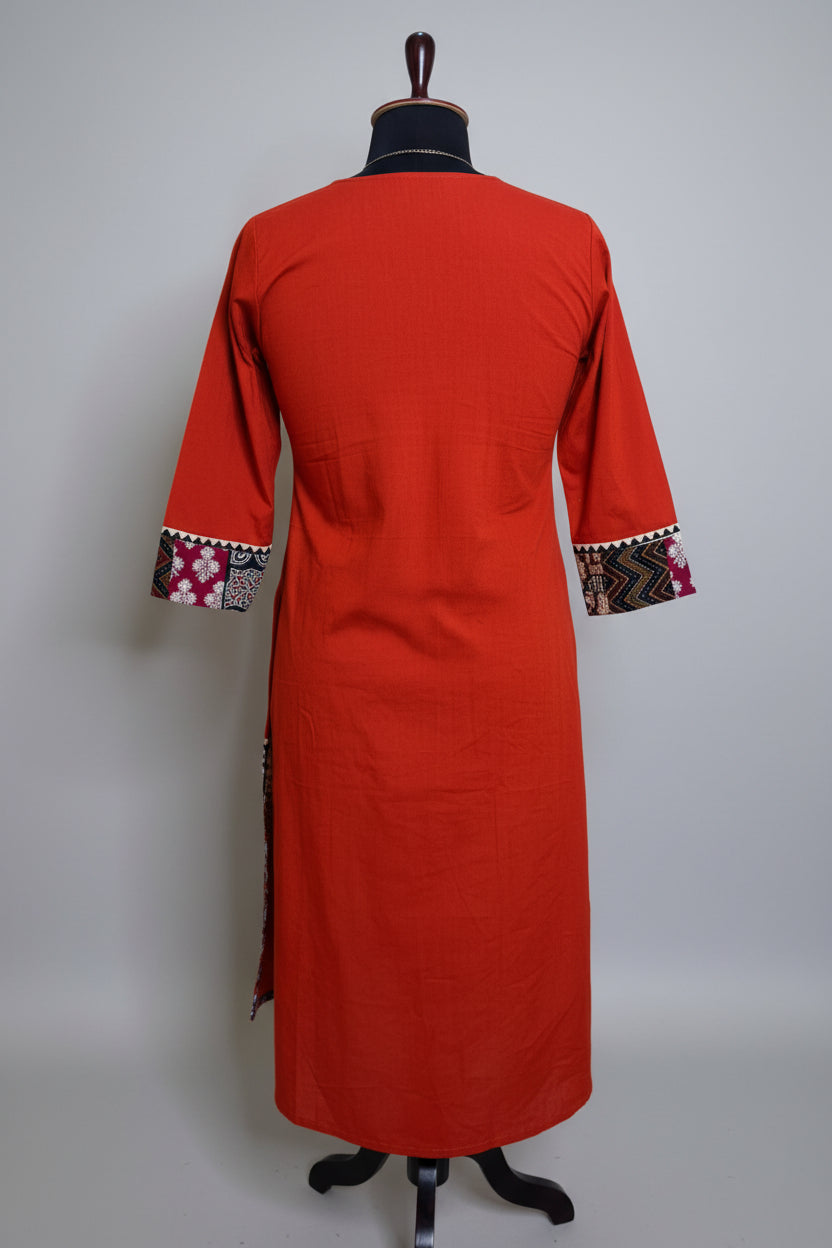 Rust Orange Patchwork Cotton Dress
