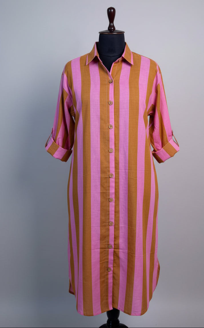 Pink-Brown Striped Shirt Dress