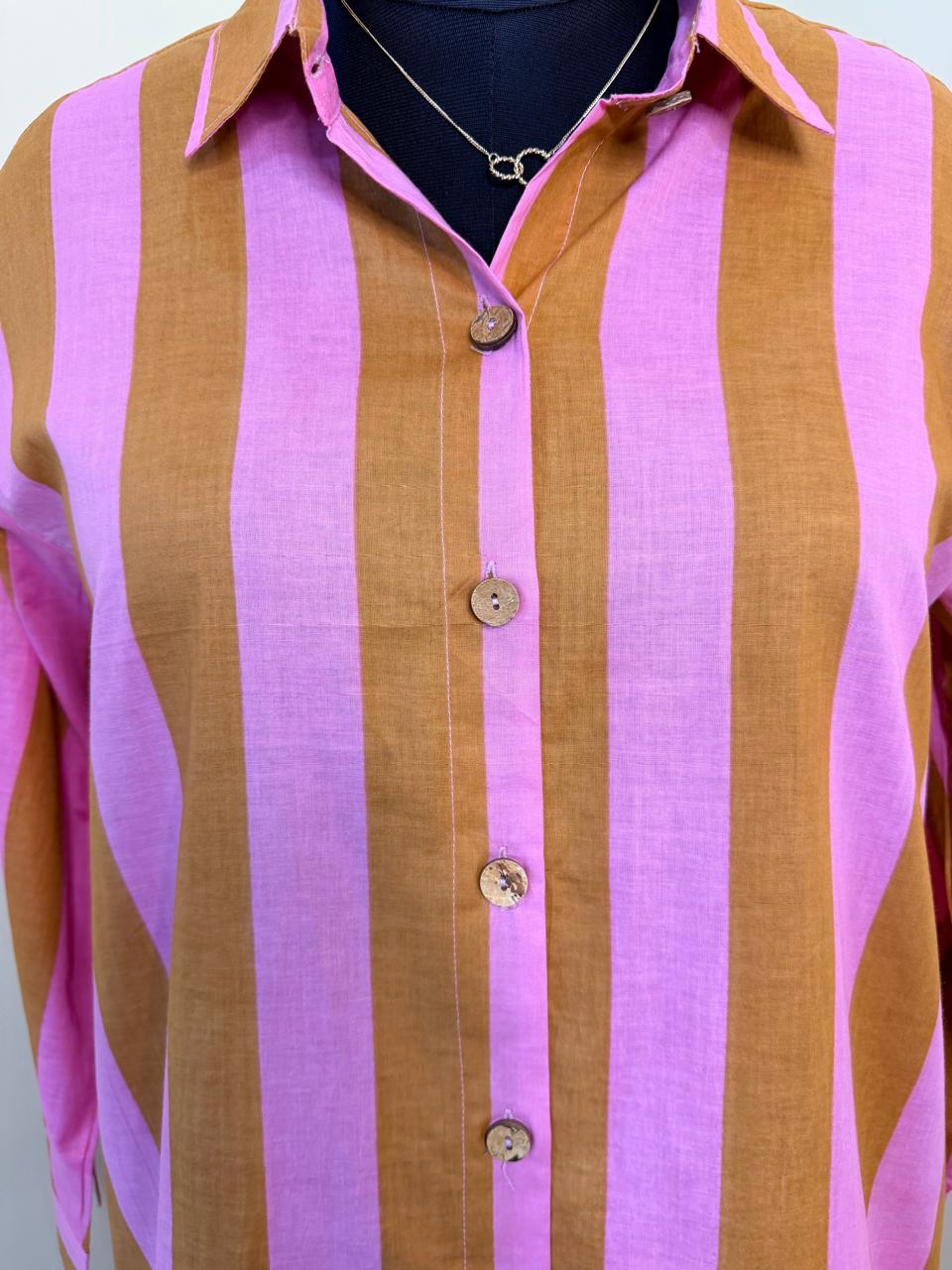 Pink-Brown Striped Shirt Dress