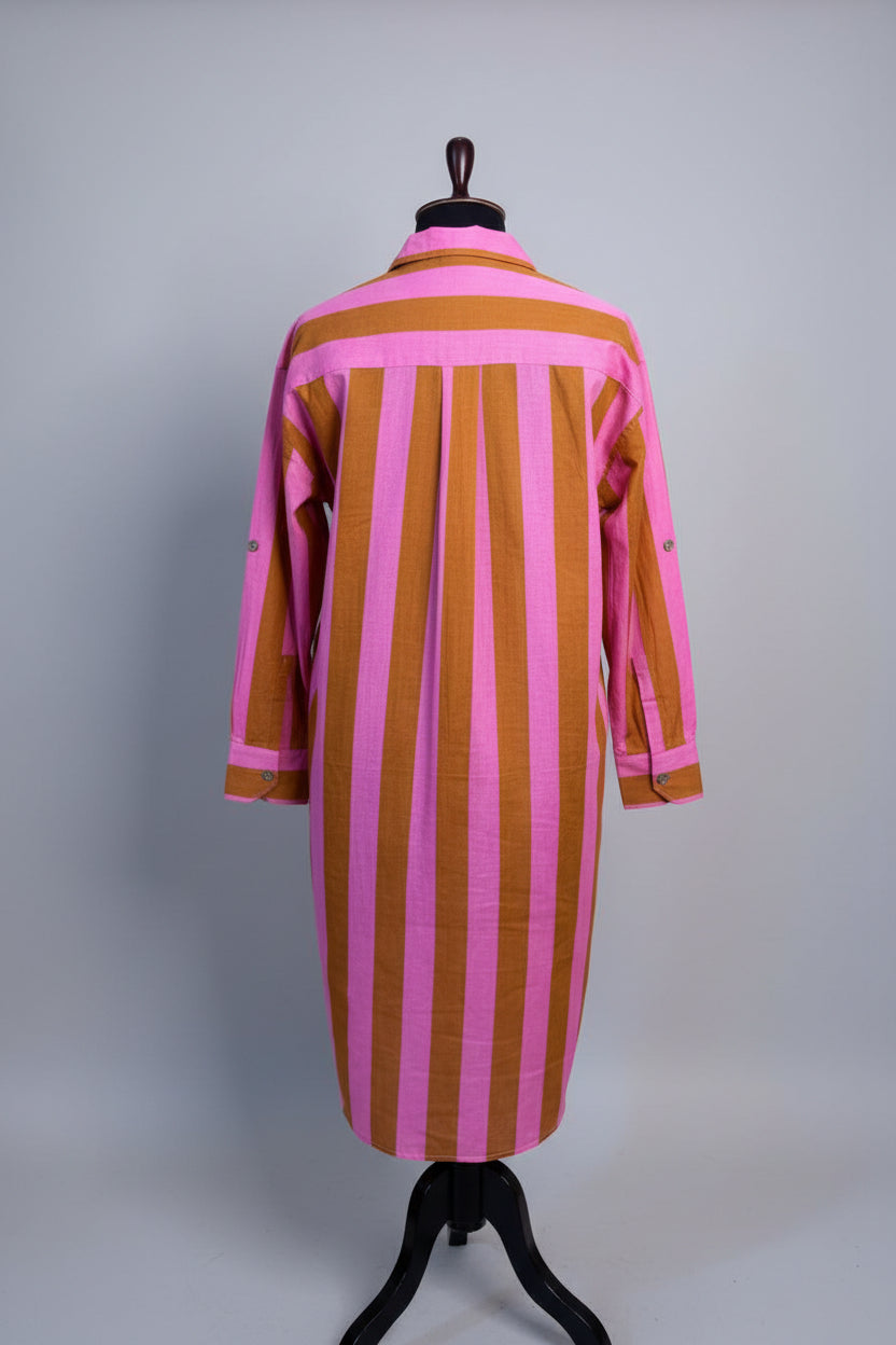 Pink-Brown Striped Shirt Dress