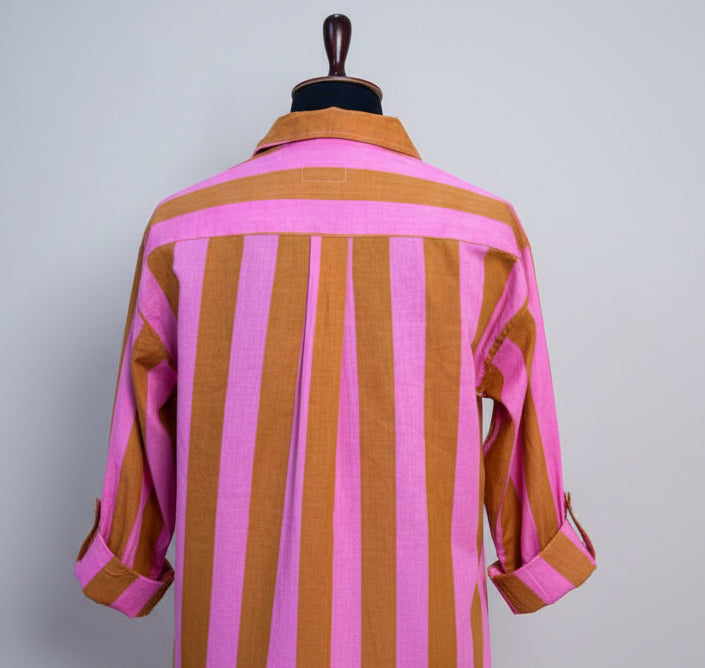Pink-Brown Striped Shirt Dress