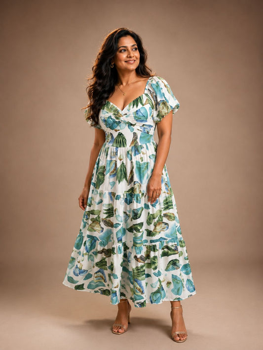 White Printed Tiered Dress
