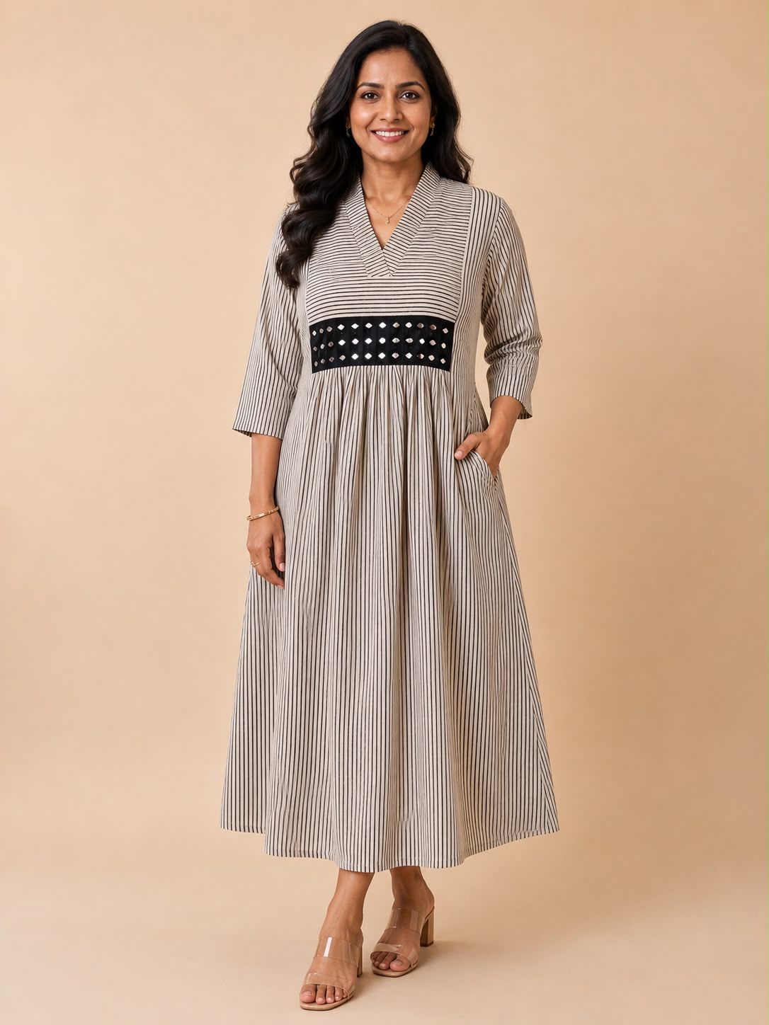 Beige Khushboo Striped Dress
