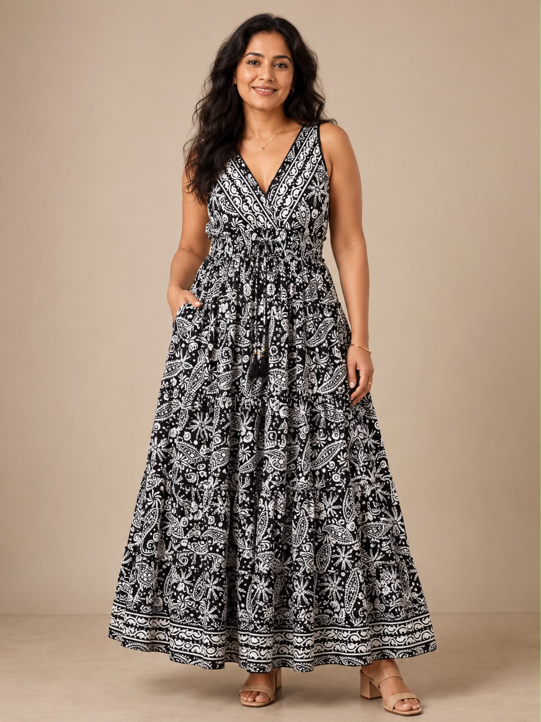 Paisley  Black Tiered Silk Dress