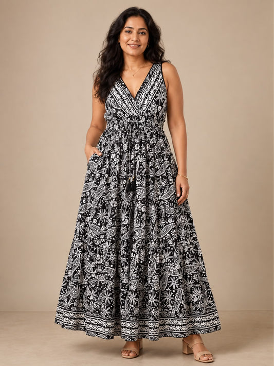 Paisley  Black Tiered Silk Dress