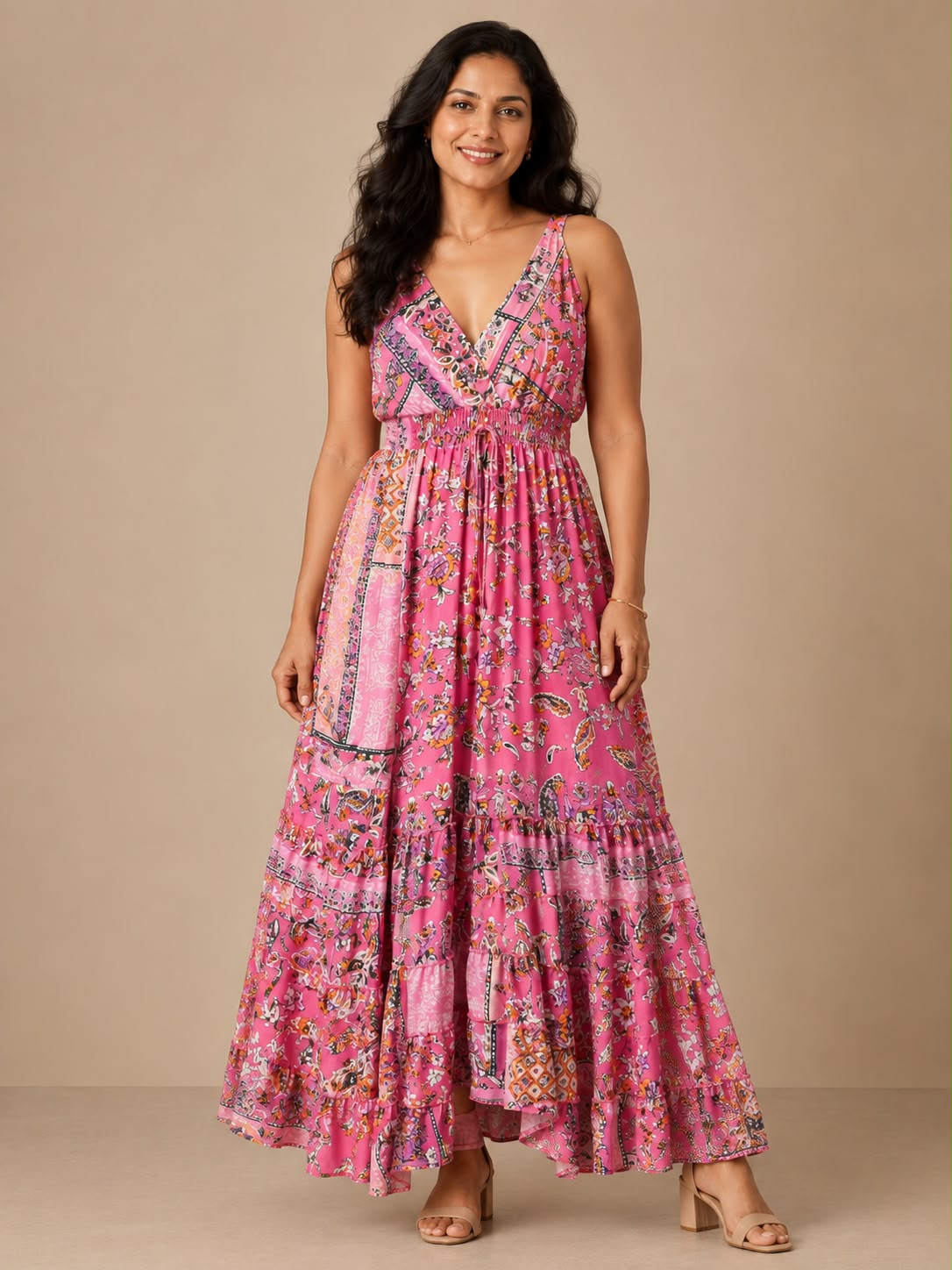 Floral Mauve Tiered Silk Dress