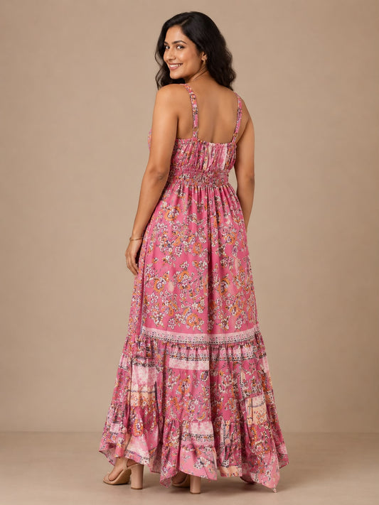 Floral Mauve Tiered Silk Dress
