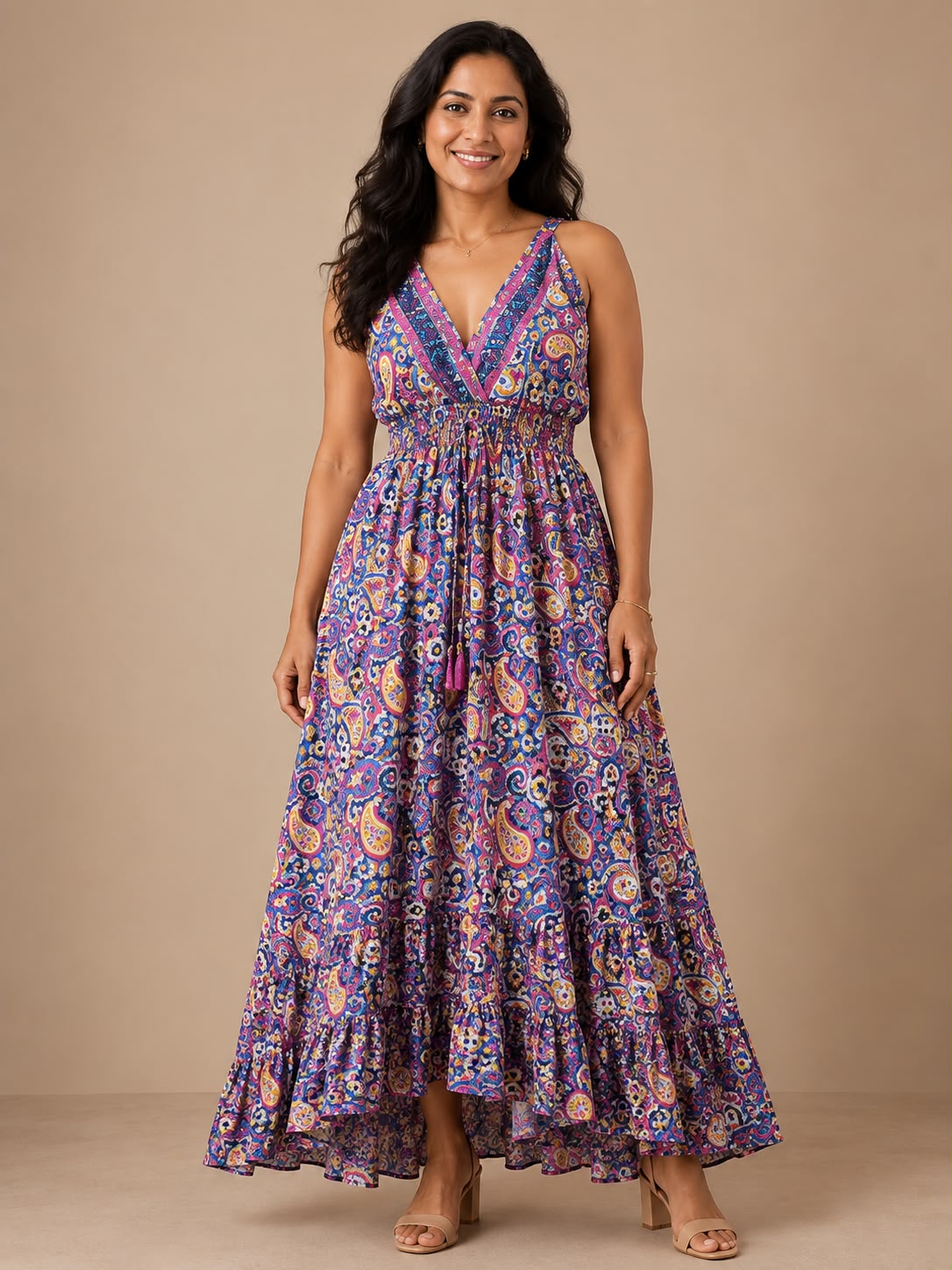 Paisley Pink Tiered Silk Dress