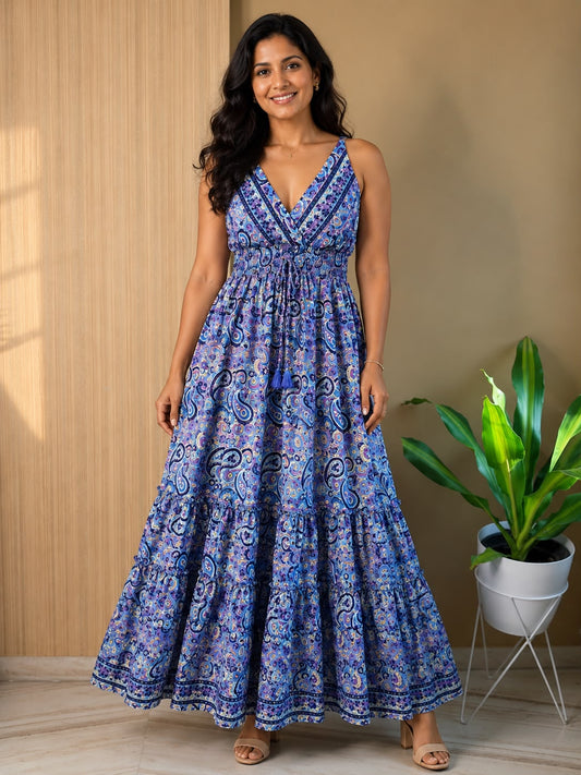 Paisley Blue Tiered Silk Dress